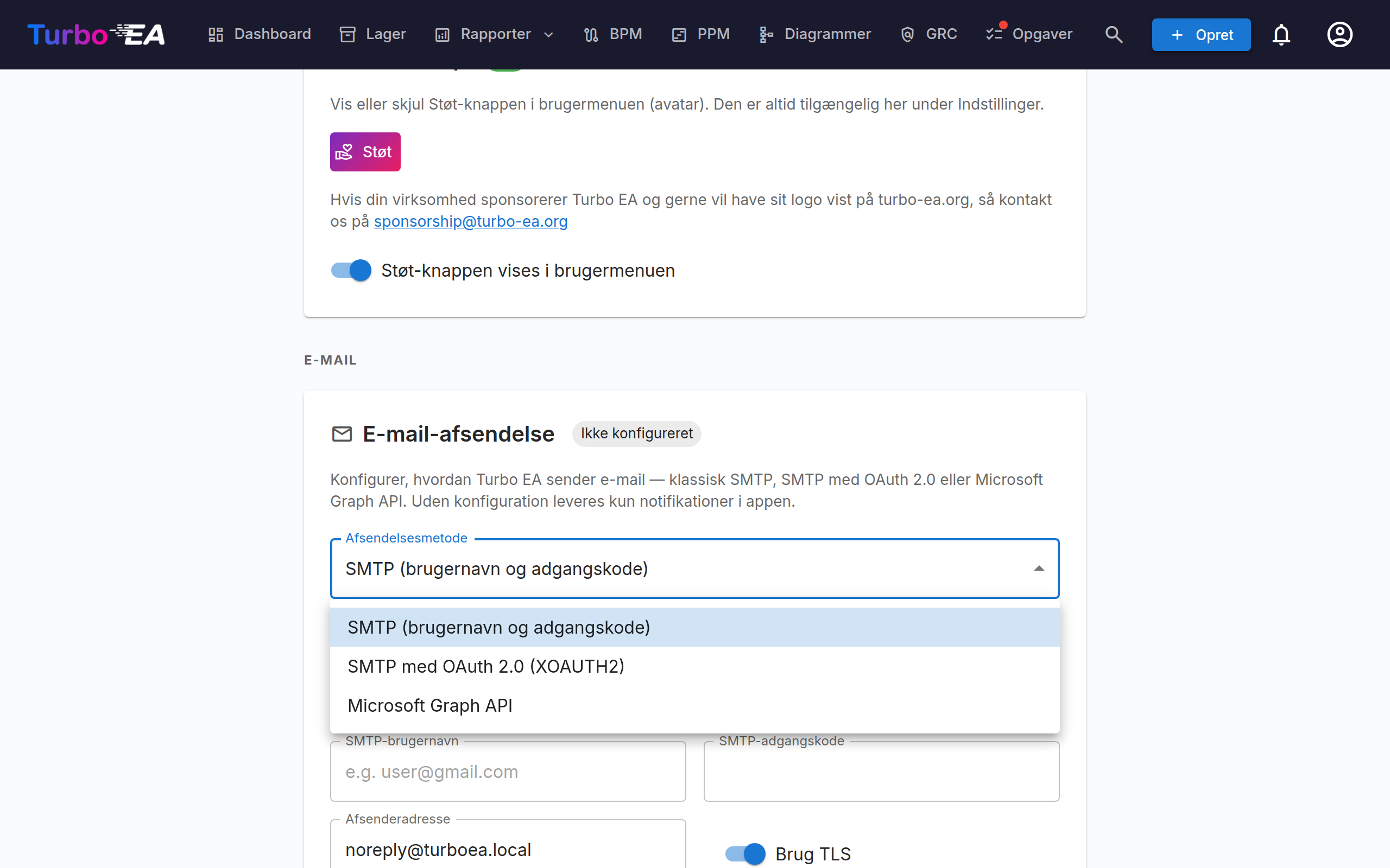 E-mail-afsendelse med listen over afsendelsesmetoder