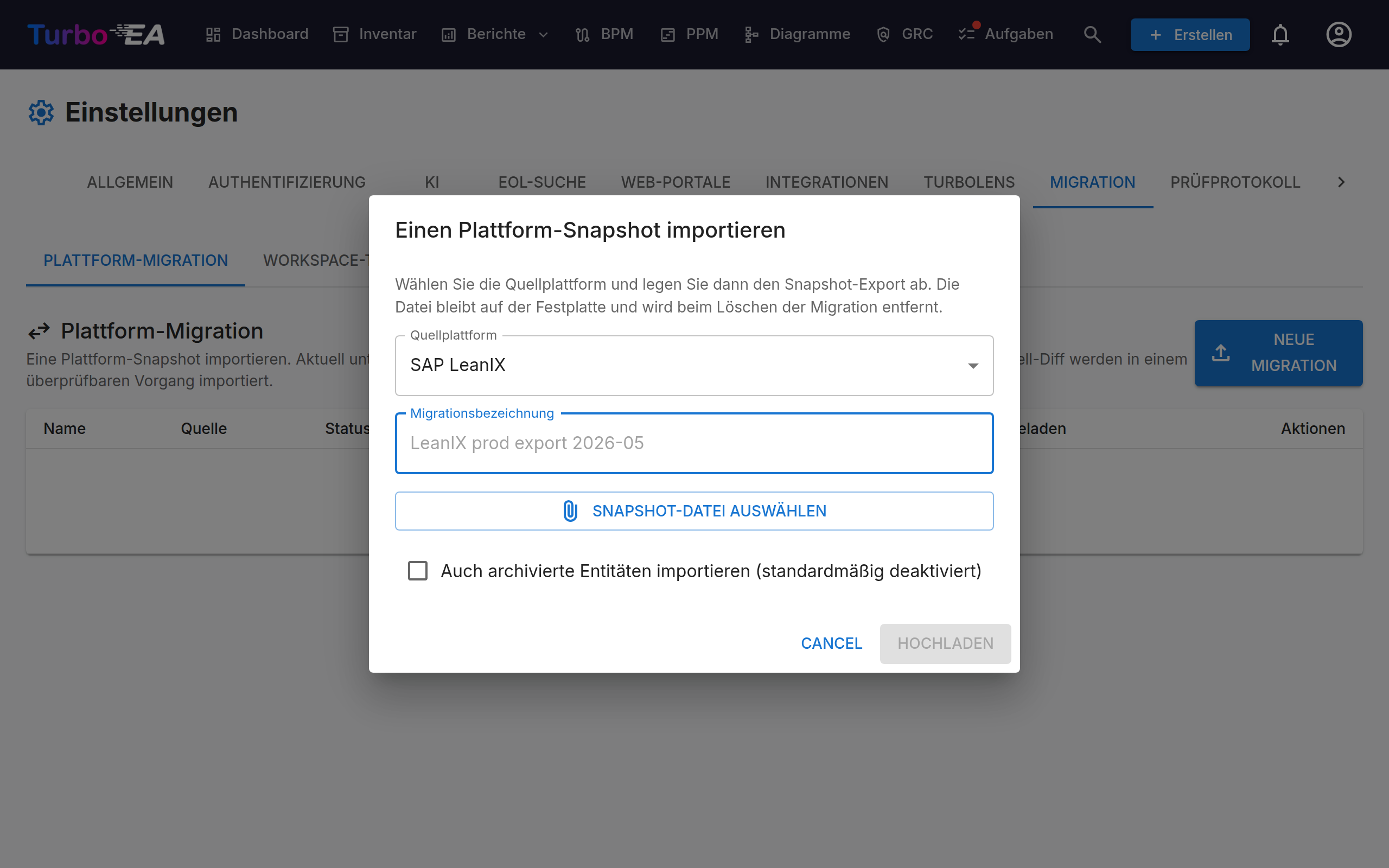 LeanIX-Migration starten unter Einstellungen → Migration