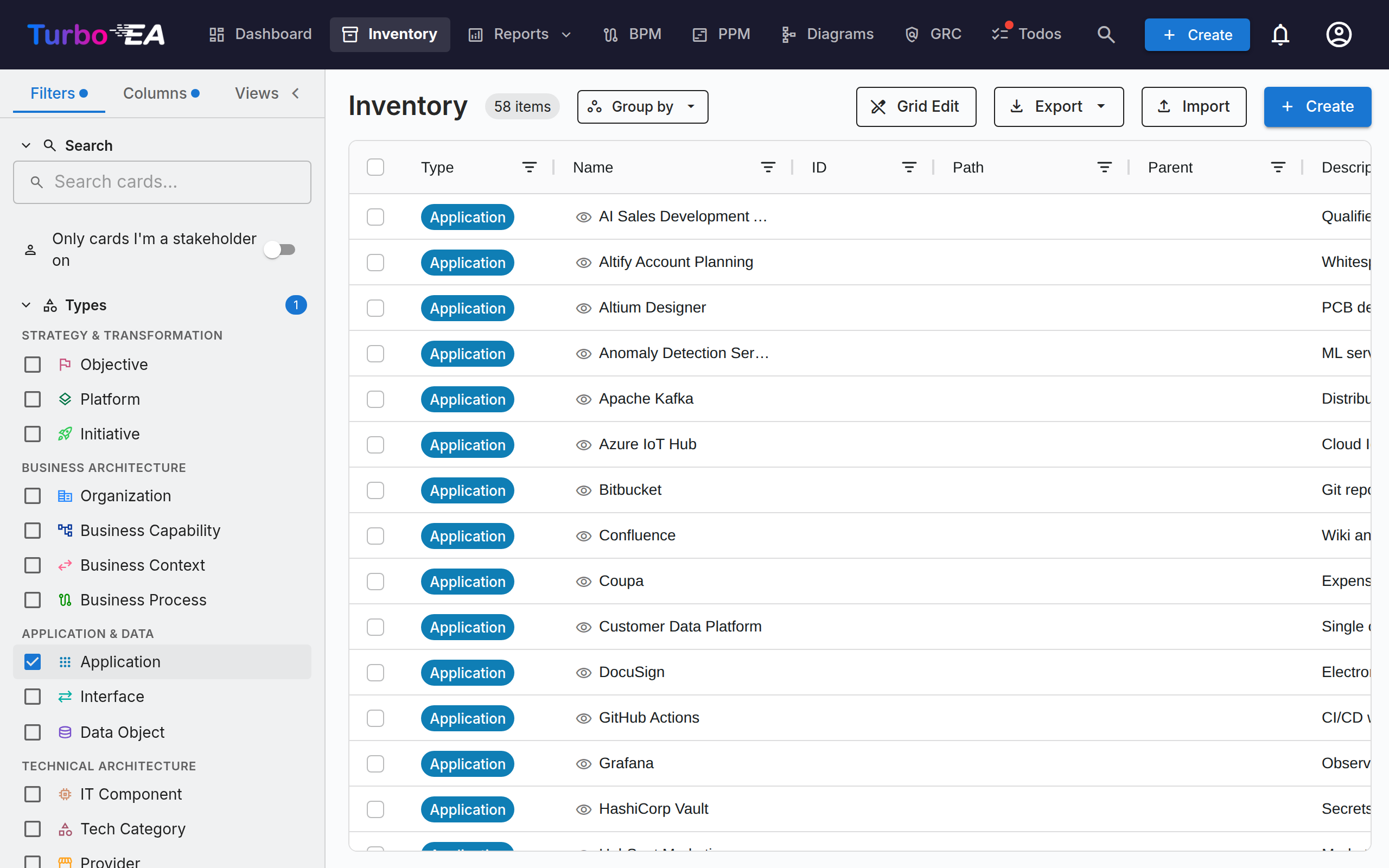 Inventory View with Filter Panel