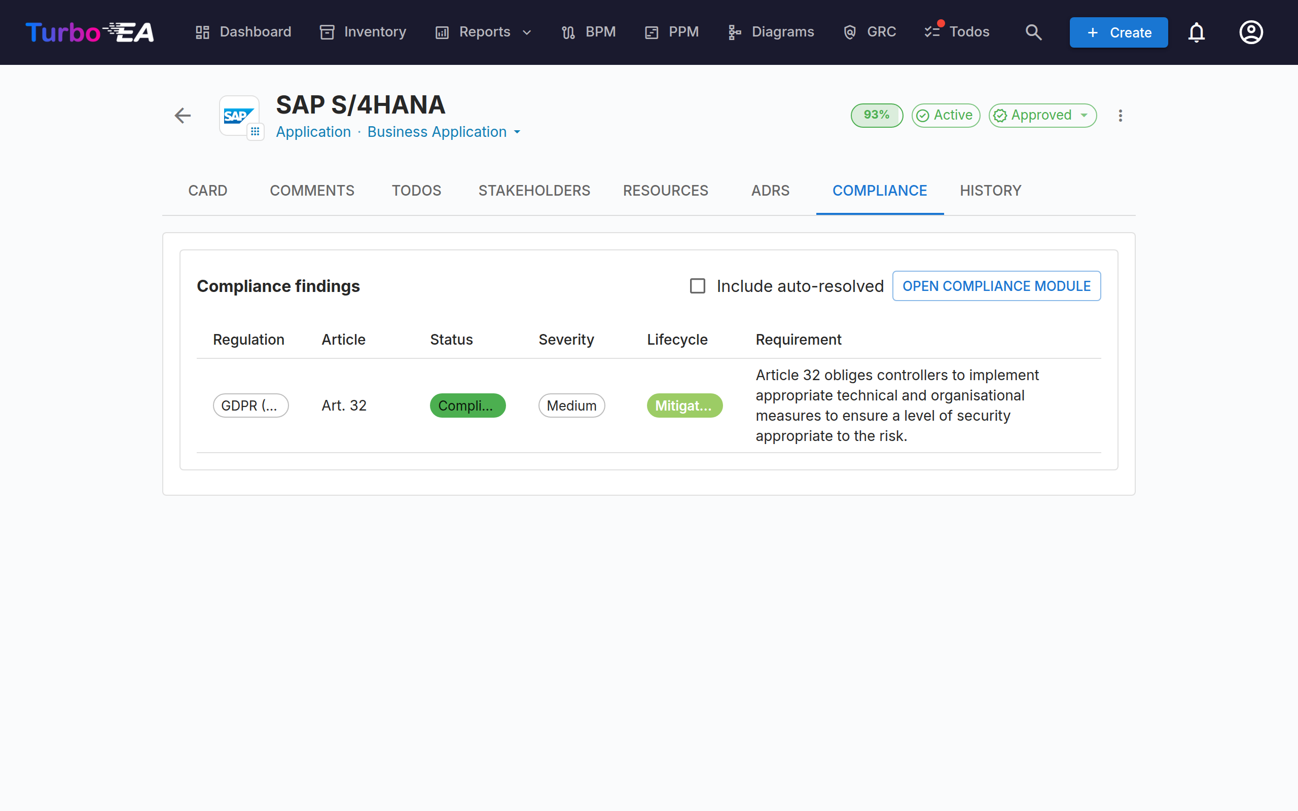 Card detail — Compliance tab