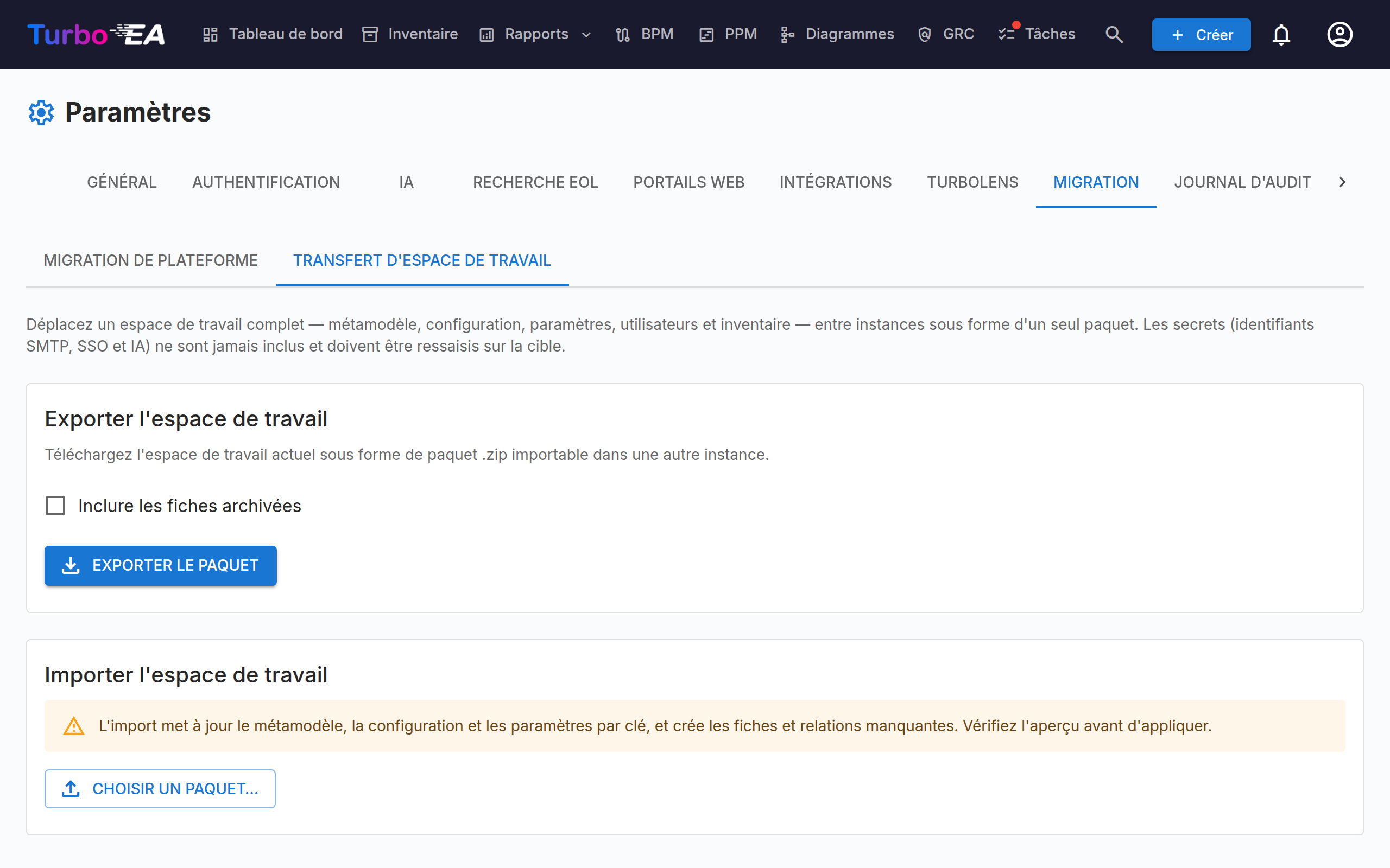 Transfert de workspace