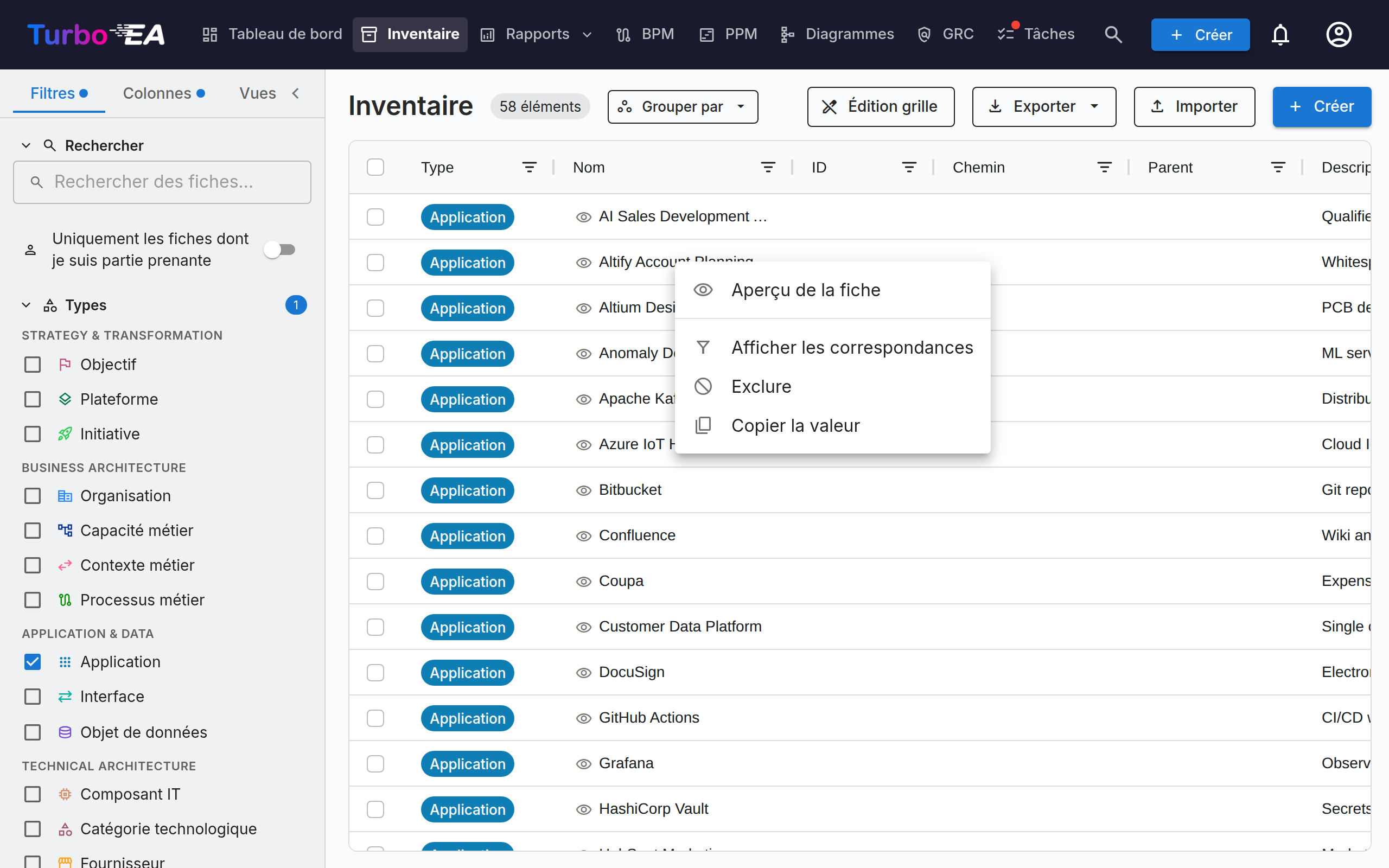 Menu contextuel d'une cellule de l'inventaire