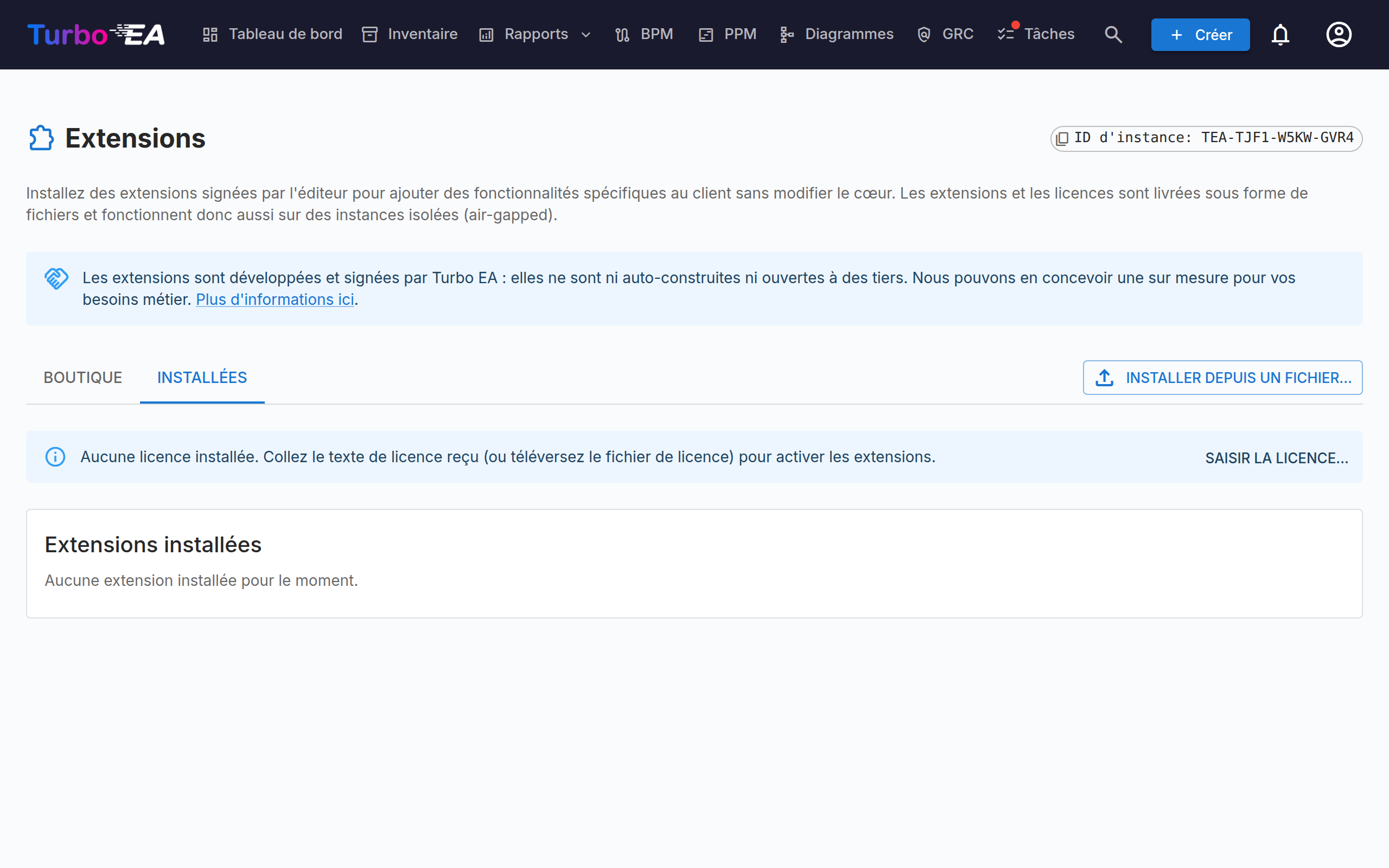 Extensions — onglet Installées avec l'identifiant d'instance