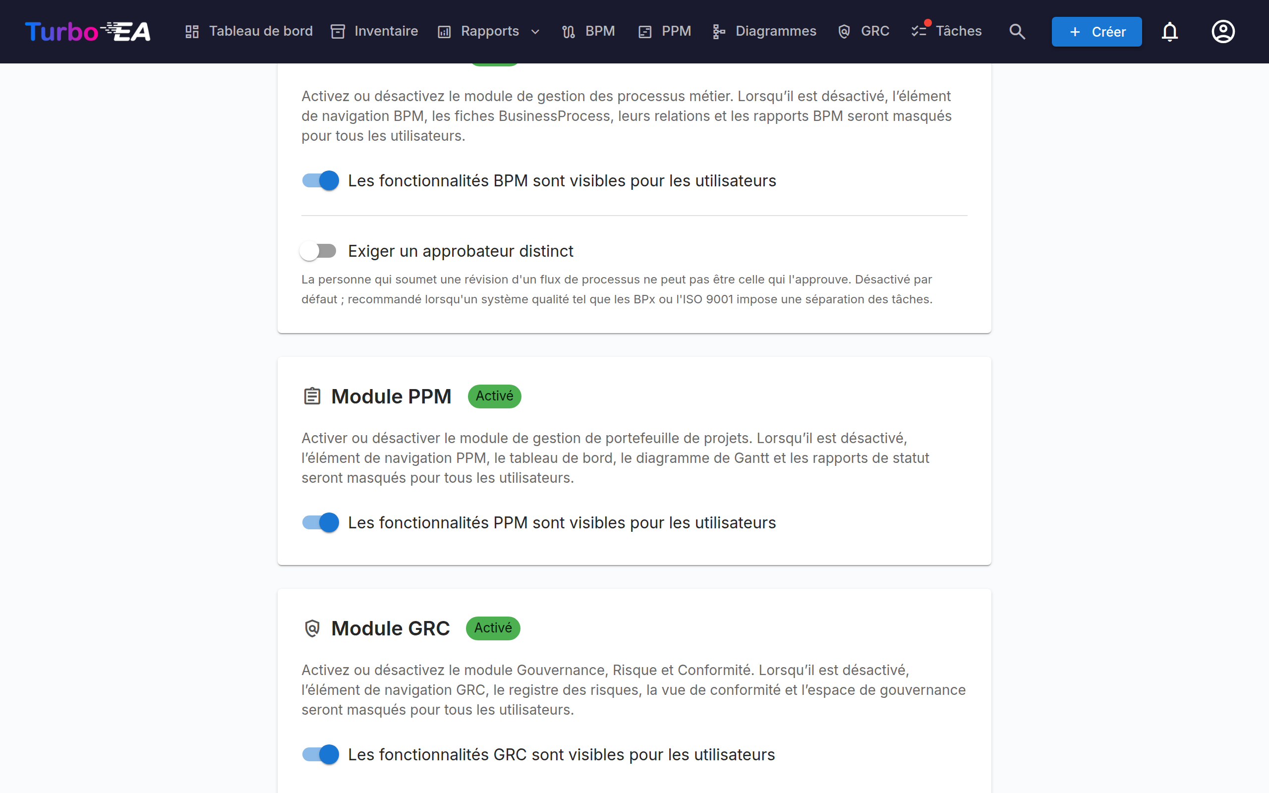 Activation des modules dans Paramètres → Général